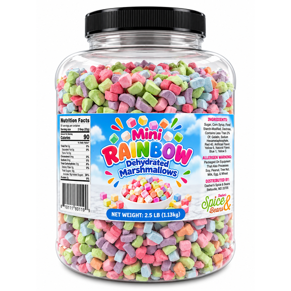 Mini Rainbow Dehydrated Marshmallows 2.5 lb - Marshmallow Bits for Hot Chocolate, Cereal, Ice Cream, Coffee, Baking & Dessert Toppings - Bulk Reusable Container - Dasher's Spice & Beans