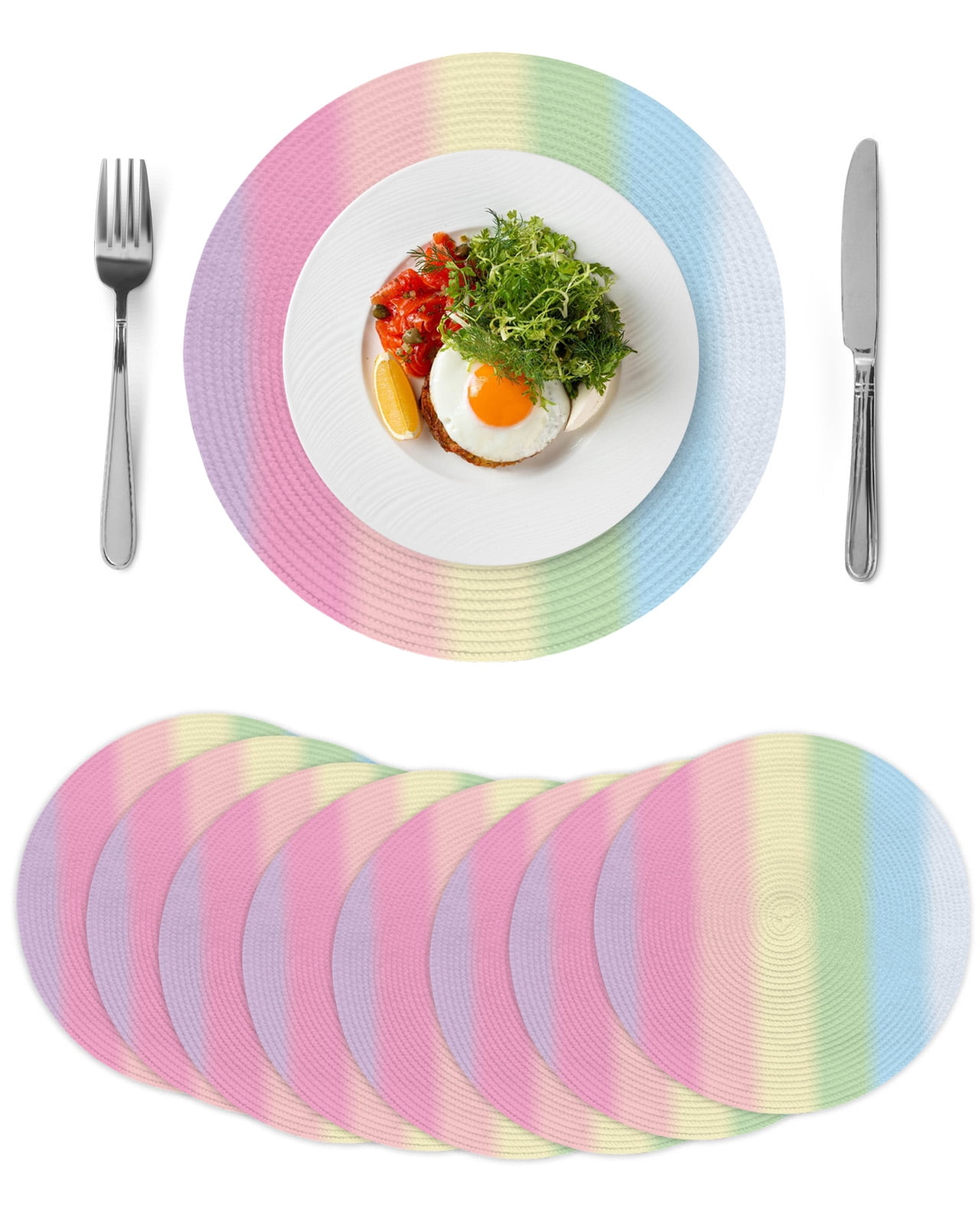 Rainbow Minimalnist Stripe Round Table Placemats set of 8, Candy Texture Washable Woven Place Mats for Dining Tables Kitchen Party Decor,Heat Proof, 13in,