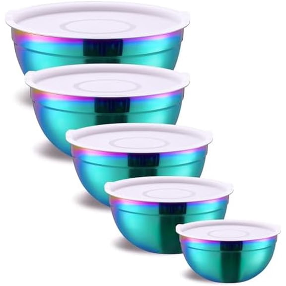 Rainbow Mixing Bowls With Airtight Lids,Stainless Steel Bowl,Salad Bowls 5 Piece Colorful Nesting Bowl Rainbow Kitchen Accessories,Size 5.5,3.6,2.7,2.1,1.5,QT Stackable Design