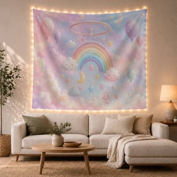 Rainbow Mobile Among Smiling Clouds, Peaceful Digital Art for Nursery Decor Lovers, Moon and Star Decor, New Home Gift, Tapestry Wall Hanging for Bedroom and Dorm