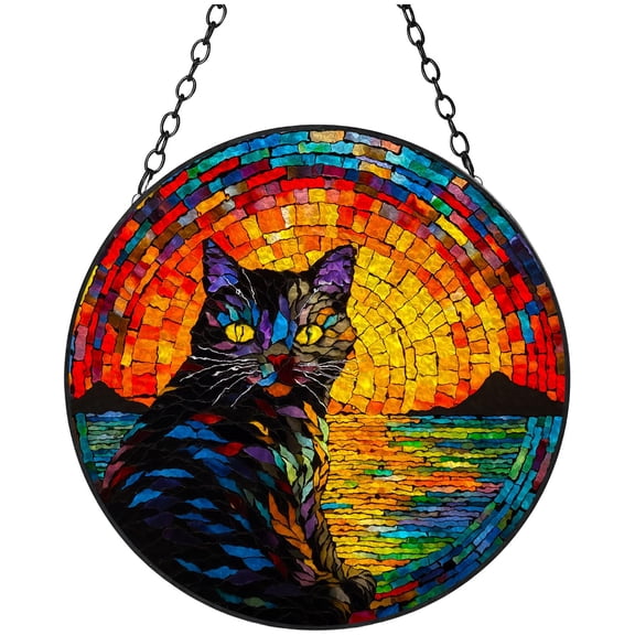Rainbow Moon Cat Stained Glass Suncatcher Handmade Window Hangings Colored Glass Suncatcher Crafts Kits for Indoor Garden Christmas Decoration 16x16cm(8)