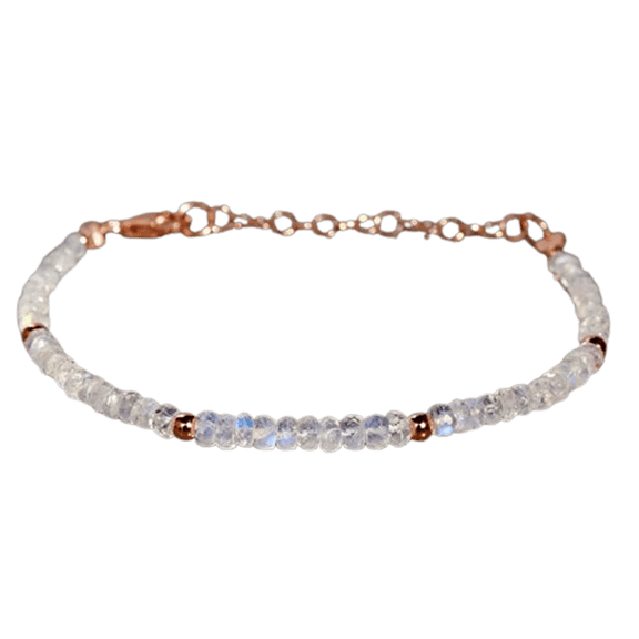 Rainbow Moonstone 3mm Rondelle Shape Faceted Cut Beads 7 inch Adjustable Rose Gold Plated Clasp Bracelet for men, women, unisex. Link Chain Stacking Bracelet.|LINK_05700