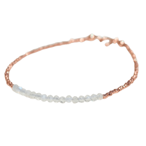 Rainbow Moonstone 3mm Round Shape Faceted Cut Beads 7 inch Rose Gold Plated Clasp Bracelet for men, women, unisex. Link Chain Stacking Bracelet.|LINK_05730