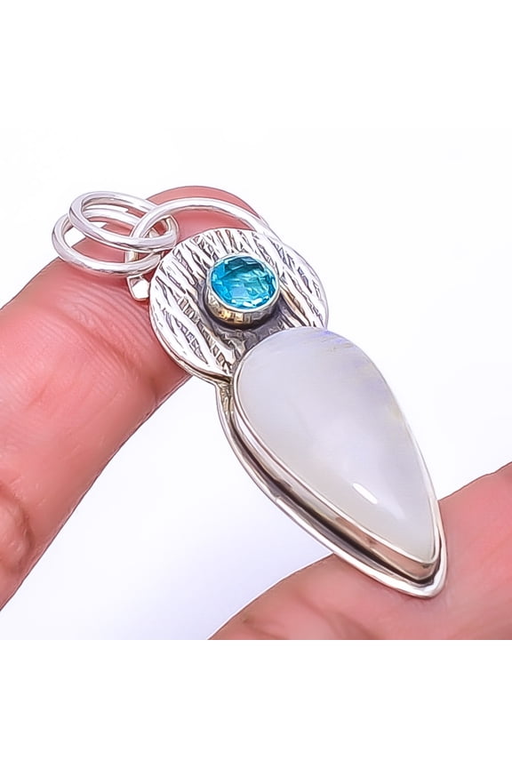 Rainbow Moonstone - Bihar 925 Sterling Silver Bali Pendant 2.11" P3, Christmas Gift, Gemstone Silver Jewelry, Moonstone Pendant, New Year Sale