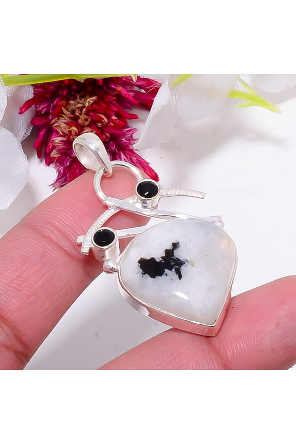 Rainbow Moonstone With Black Tourmaline - India & Black Onyx Designer Handmade 925 Sterling Silver Pendant 1.83" Sku36, White Pendant, Natural Gemston