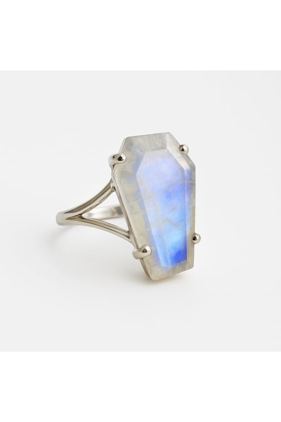 Rainbow Moonstone Coffin Ring, 925 Solid Sterling Silver, Gemstone Ring, Casket Ring, Halloween Gift -5