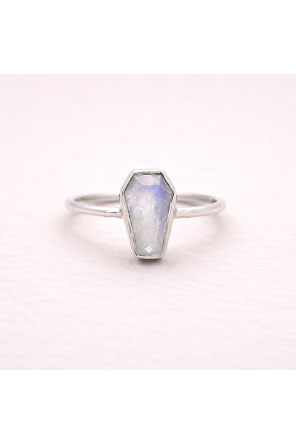 Rainbow Moonstone Coffin Ring, 925 Sterling Silver Jewelry, Handmade Moonstone Ring for Women