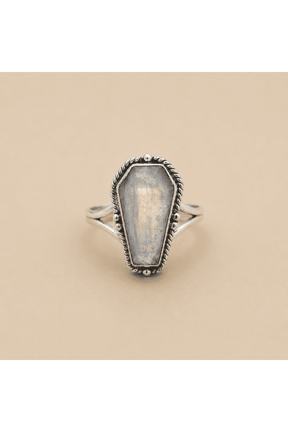 Rainbow Moonstone Coffin Ring in 925 Sterling Silver, Gothic Statement Ring, Handmade Crystal Jewelry for Women