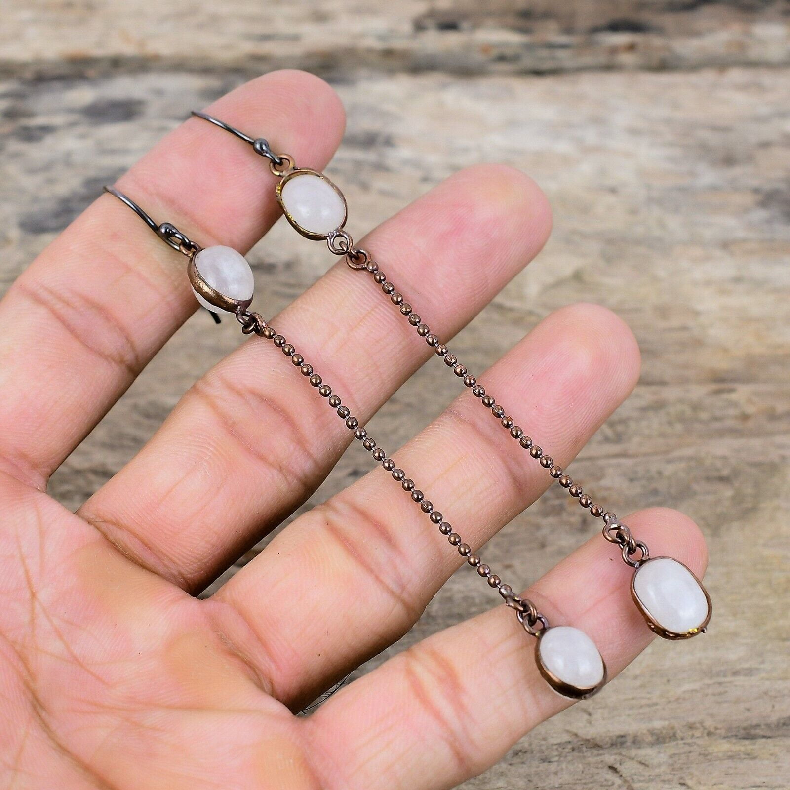 KALKA JEWELS Rainbow Moonstone Copper Love Gift Electroformed Drop/Dangle Earrings 4.13"