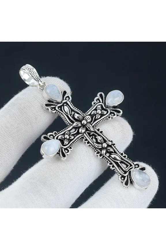 Rainbow Moonstone Cross Pendant 925 Sterling Silver Polished Handmade Gemstone Jewelry