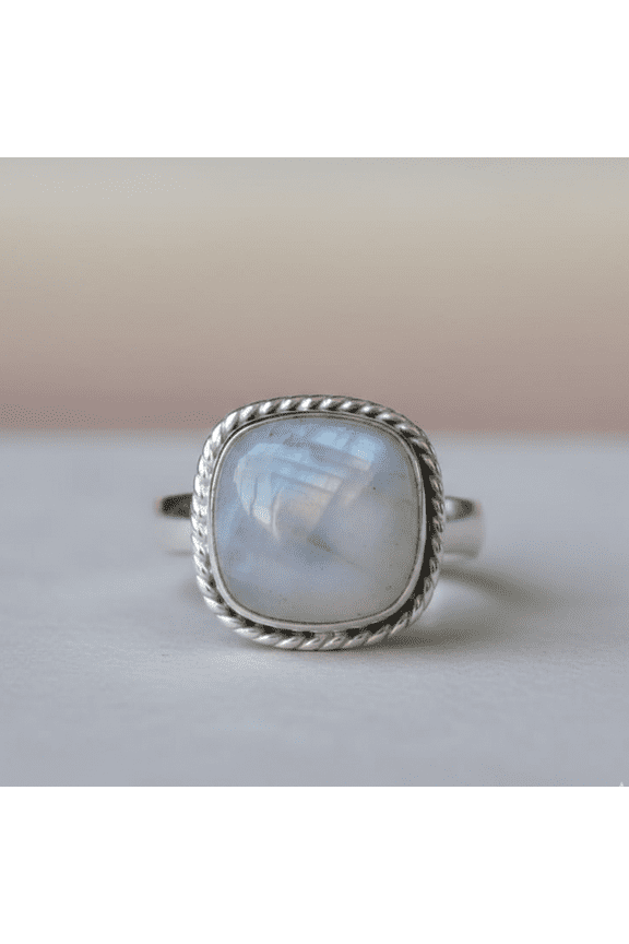 Rainbow Moonstone Cushion Statement Ring, 925 Solid Sterling Silver Jewelry, Handmade Boho Ring