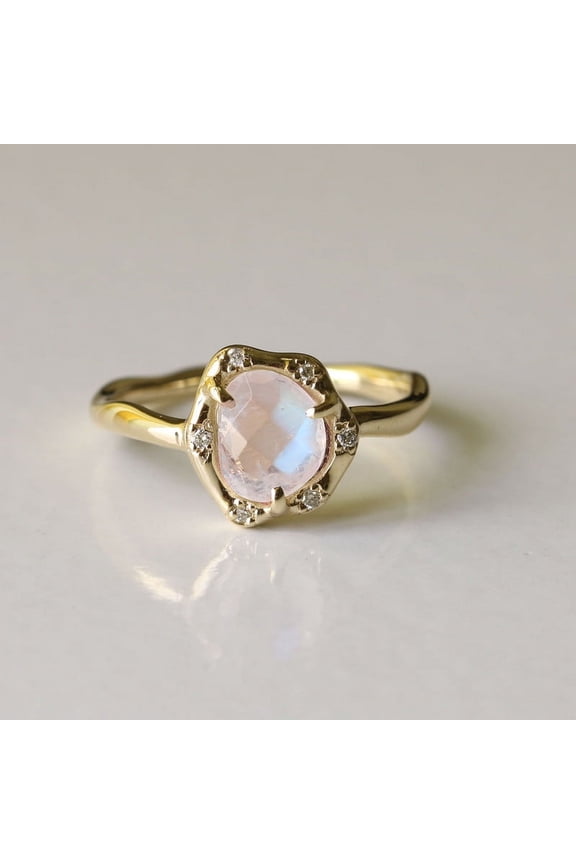 Rainbow Moonstone & Diamond Ring, 925 Sterling Silver Ring, Halo Ring, Party Wear Ring, Minimalist Ring, Gift For Wife
