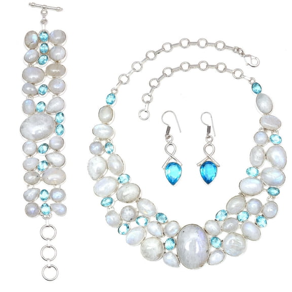 Rainbow Moonstone Facited Swiss Blue Quartz Jewelry Necklace Set 16-18''