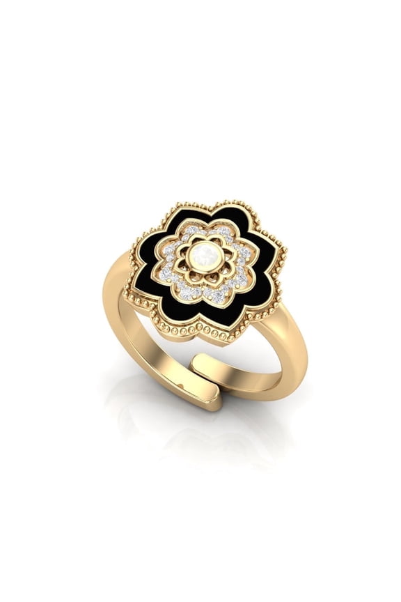 Rainbow Moonstone Flower Design Brass Ring 1 Micron Gold Plating CZ Jewelry Adjustable US 7- To US-9