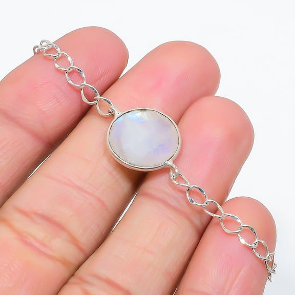 Rainbow Moonstone Gemstone 925 Sterling Silver Jewelry Bracelet 7-8"