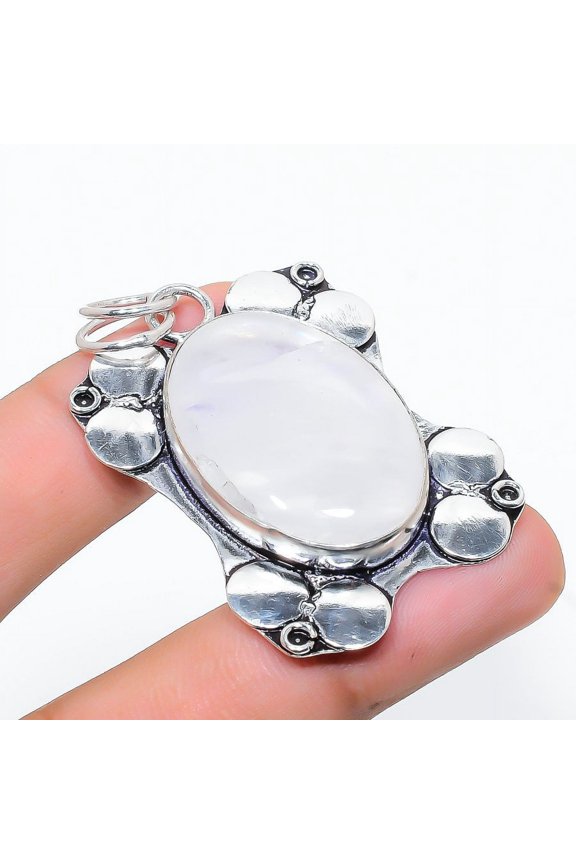 Natural Rainbow Moonstone Gemstone 925 Sterling Silver Pendant 2.17"