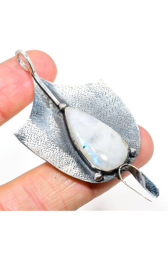 Rainbow Moonstone Gemstone Handmade 925 Sterling Silver Jewelry Pendant 2.76"
