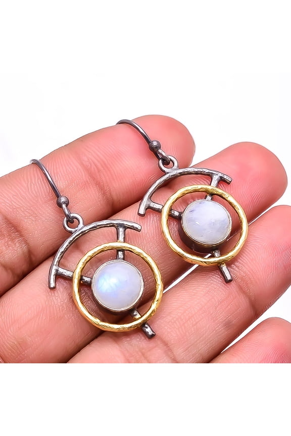 Rainbow Moonstone - India 925 Sterling Silver Black & Gold Plated Earring 1.64" E40, Beautiful Jewelry For Woman & Gi, New Year Sale, Valentin's Day G