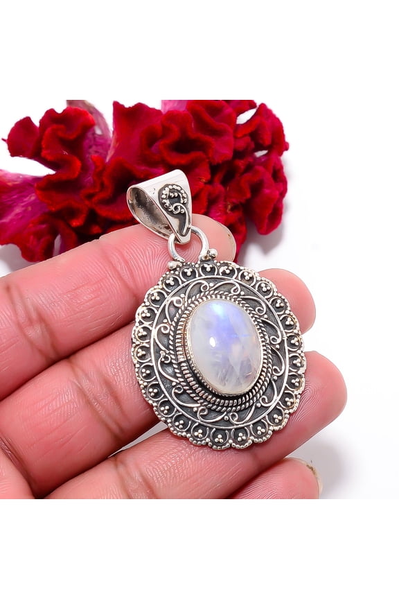 Rainbow Moonstone - India 925 Sterling Silver Bali Pendant 2.22" P96157, Christmas Gift