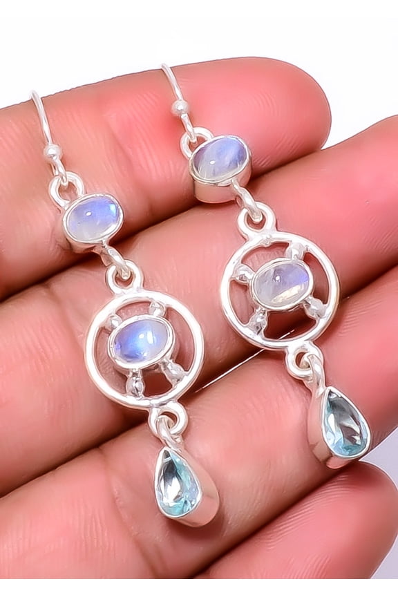 Rainbow Moonstone - India 925 Sterling Silver Jewelry Earring 2.15" E_8029_2_11, Beautiful Jewelry For Woman, New Year Sale, Valentin's Day Gift