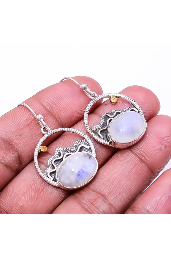 Rainbow Moonstone - India Designer Handmade 925 Sterling Silver Earring 1.37"E26, Beautiful Jewelry For Woman, New Year Sale, Valentin's Day Gift
