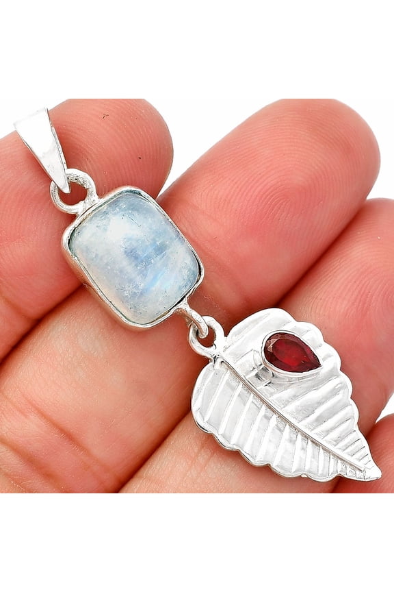 Rainbow Moonstone - India & Garnet 925 Sterling Silver Pendant Jewelry P-1539 SDP146845