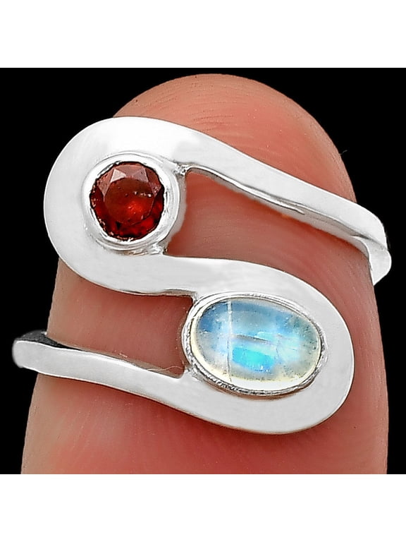 Rainbow Moonstone - India & Garnet 925 Sterling Silver Ring s.7 Jewelry DGR1123_E_7 R-1039