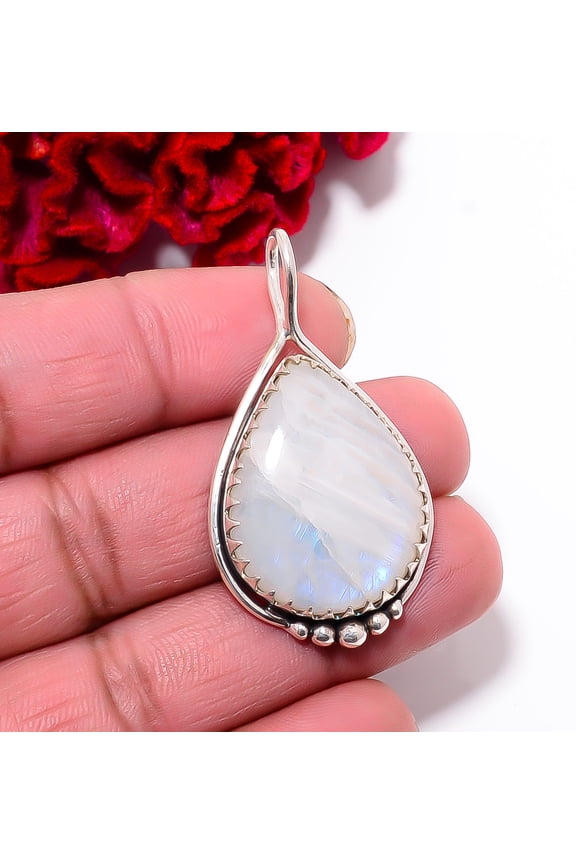 Rainbow Moonstone - India Gemstone 925 Sterling Silver Pendant 1.83" P99457, Christmas Gift