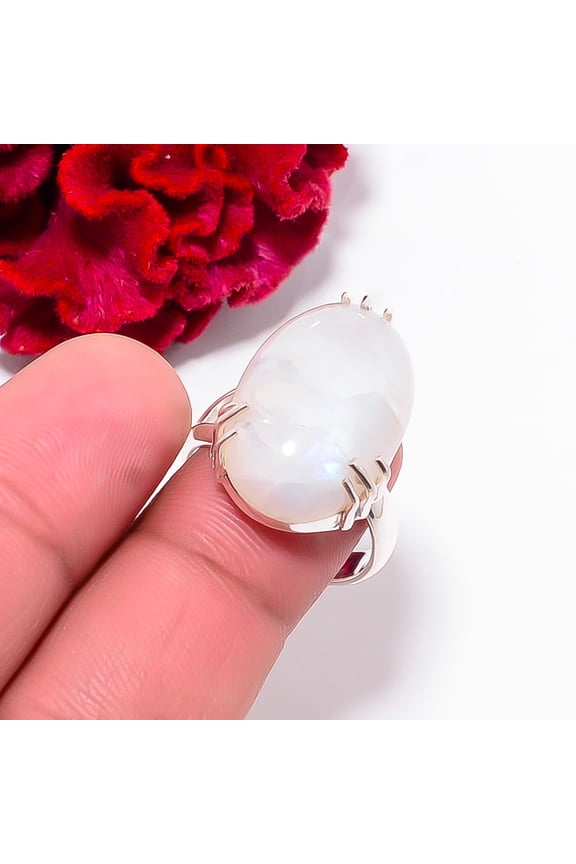 Rainbow Moonstone - India Gemstone 925 Sterling Silver Ring S.8.5 R102525, Christmas Gift