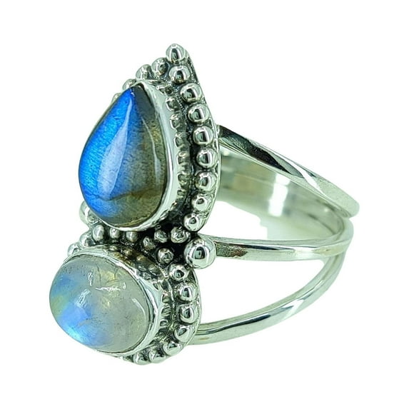 Rainbow Moonstone, Labradorite 925 Solid Sterling Silver Handmade Women Statement Ring size 5.5