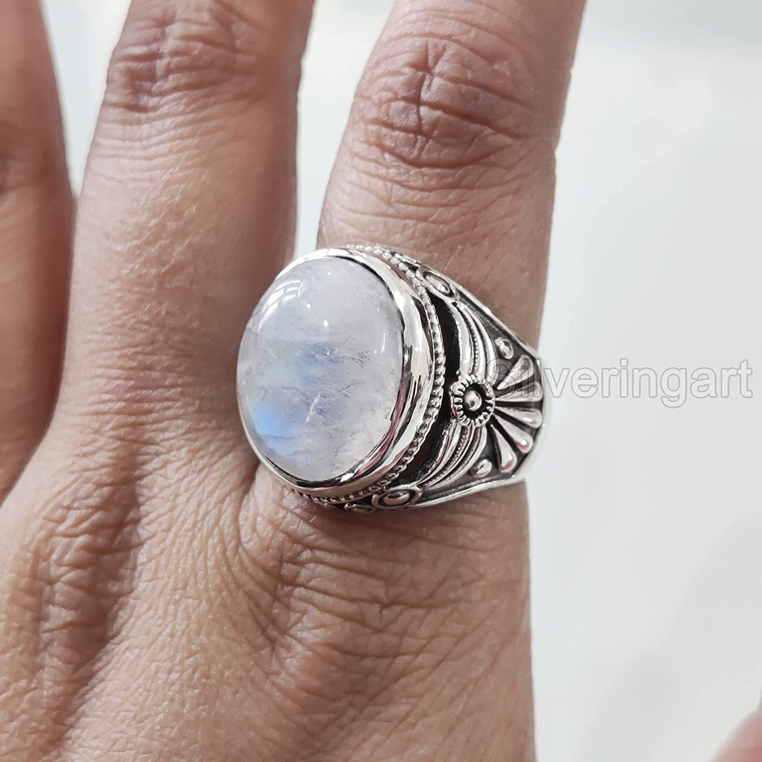 Rainbow Moonstone Ring Sterling Silver Rings for Women Boho Simple Ring  Flower — Discovered