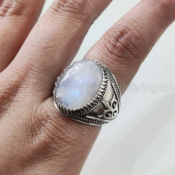 Rainbow Moonstone Mens Ring, Natural Blue Fire Rainbow Moonstone, Silver Jewelry, 925 Silver Ring, Birthday Gift, Heavy Mens Ring, Arabic Design, Ottoman Style Ring, Christmas, Turkey Mens Signet Ring