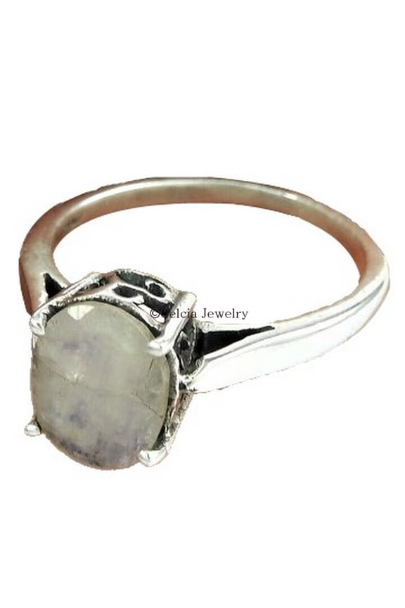 Rainbow Moonstone Natural Gemstone Womens Gifts Ring, Solitaire Ring, Bridesmaid Gifts, Delicate Ring, Family Gift, Gifts For Mom, Mothers Day Gifts, June Birthstone (Rainbow Moonstone, Size 7)