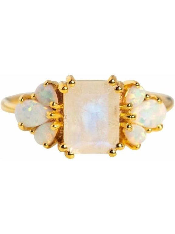 Rainbow Moonstone & Opal Ring, AAA Natural Rainbow Moonstone Moonstone Tiny Ring, June Birthstone, Promise Ring, Women Ring, Gold Micron Ring, Cluster Ring, 925 Sterling Silver, Statement Ring