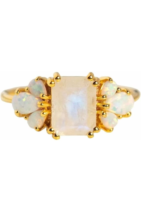 Rainbow Moonstone & Opal Ring, AAA Natural Rainbow Moonstone Moonstone Tiny Ring, June Birthstone, Promise Ring, Women Ring, Gold Micron Ring, Cluster Ring, 925 Sterling Silver, Statement Ring