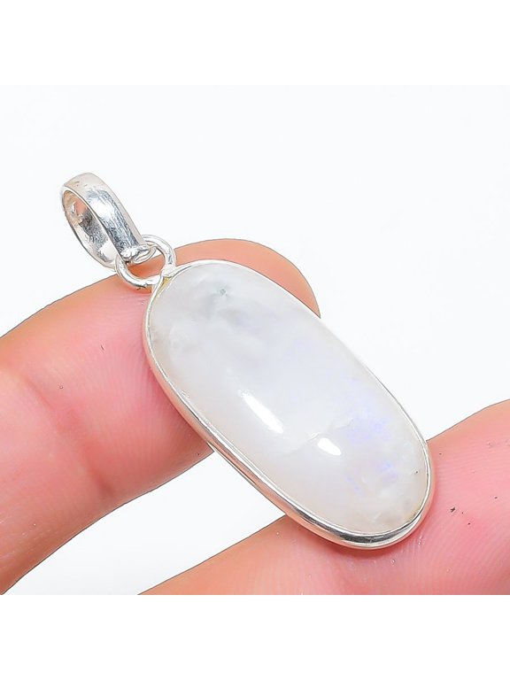 Natural Rainbow Moonstone Pendant 1.9" Silver Tone Oval Gemstone Jewelry FP 1462
