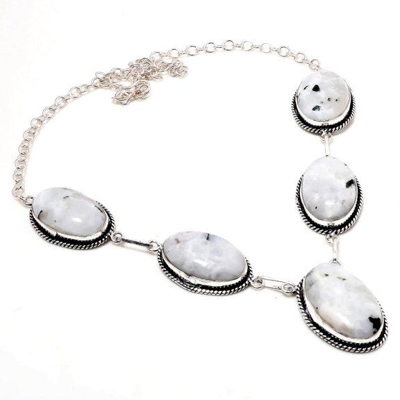 Rainbow Moonstone Oval Gemstone Necklace Adjustable Chain Jewelry 18" SN 2058