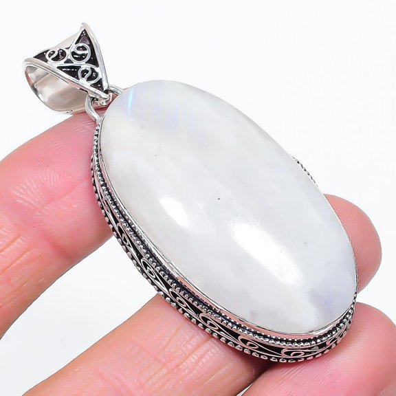 Rainbow Moonstone Oval Shape Gemstone Pendant Gift Vintage Jewelry 2.5" VP 3504