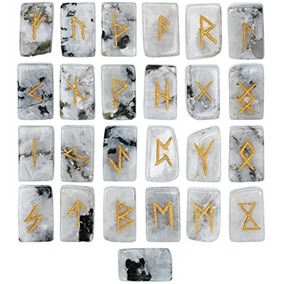 Rainbow Moonstone Rectangle Shape Gemstone Runes With Elder Futhark Alphabet Engraved 25 Pcs Rune Set Crystal Divination Healing Chakra Reiki Runes Set With A Pouch Size : 20-25Mm-B091YW