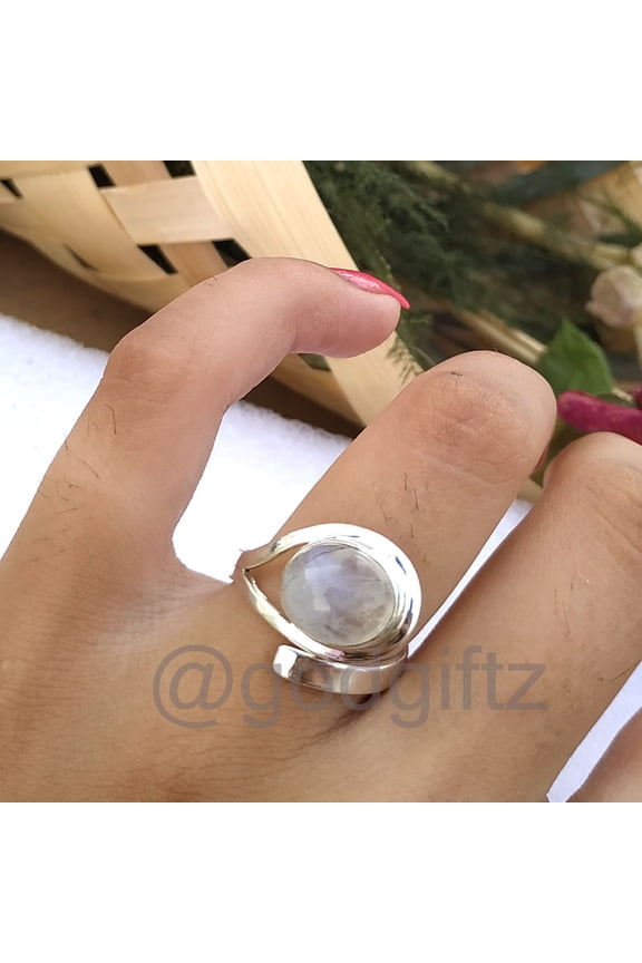 Rainbow Moonstone Ring: Bohemian 925 Sterling Silver Cocktail Ring