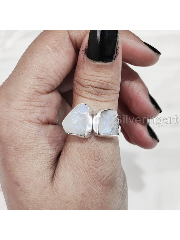 Rainbow Moonstone Ring, Rough Moonstone Adjustable Ring, June Birthstone, Double Stone, 925 Sterling Silver, Womens Ring, Christmas, Thanksgiving, Handmade, Statement Jewelry, Rough Adjustable Jewelry