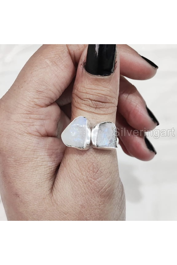 Rainbow Moonstone Ring, Rough Moonstone Adjustable Ring, June Birthstone, Double Stone, 925 Sterling Silver, Womens Ring, Christmas, Thanksgiving, Handmade, Statement Jewelry, Rough Adjustable Jewelry