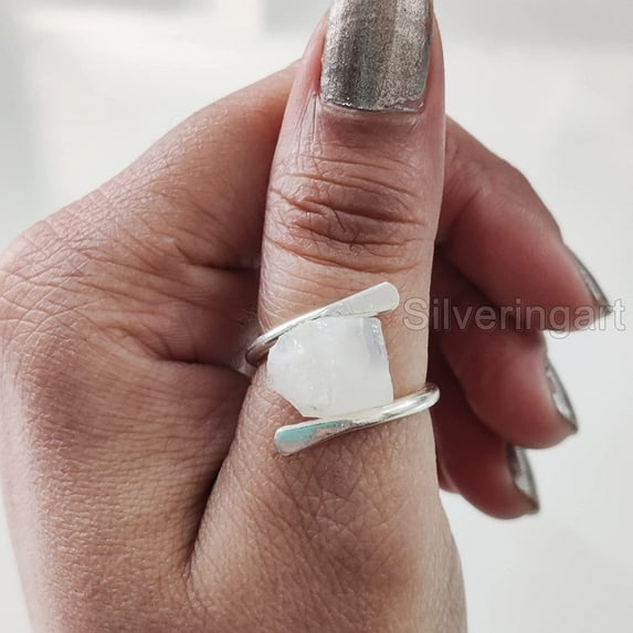 Rainbow Moonstone Ring, Rough Moonstone Gemstone Ring, June Birthstone, CROSS Band, 925 Sterling Silver, Womens Ring, Christmas, Thanksgiving, Handmade, Statement Jewelry, Rough Gemstone Jewelry