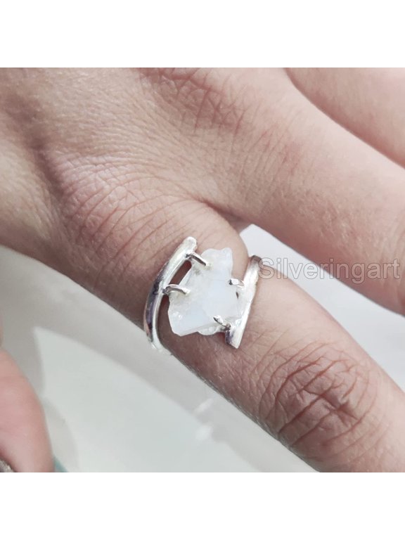 Rainbow Moonstone Ring, Rough Moonstone Gemstone Ring, June Birthstone, Cross Prong Ring, 925 Sterling Silver, Womens Ring, Christmas, Thanksgiving, Handmade, Statement Jewelry, Rough Gemstone Jewelry