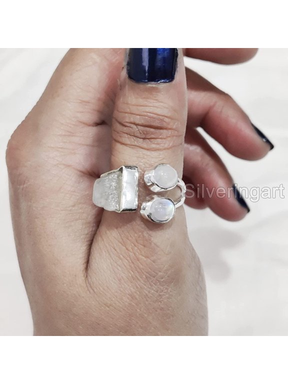 Rainbow Moonstone Ring, Rough Moonstone Gemstone Ring, June Birthstone, Three Stone, 925 Sterling Silver, Womens Ring, Christmas, Thanksgiving, Handmade, Statement Jewelry, Rough Adjustable Jewelry