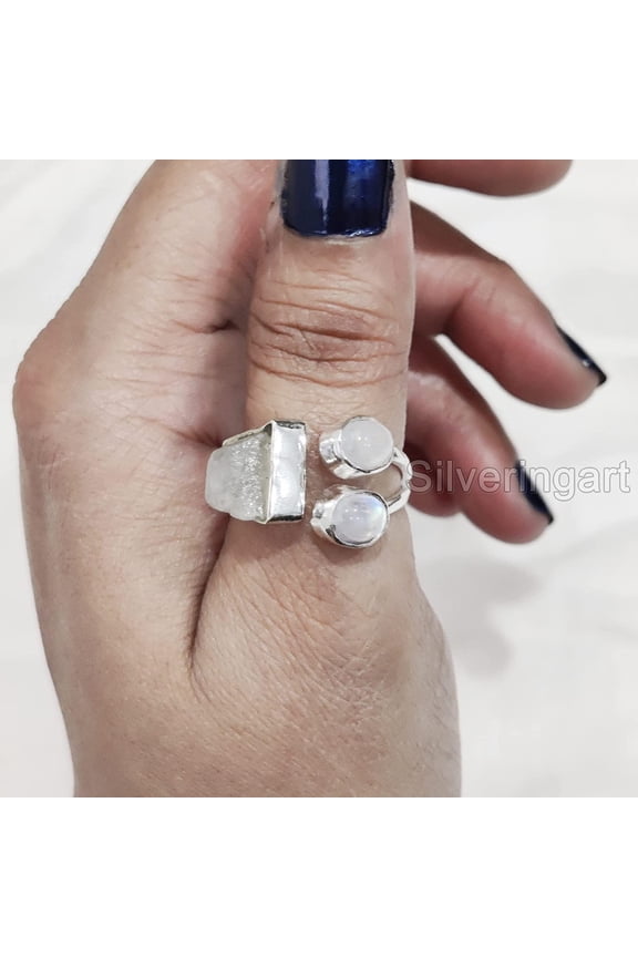 Rainbow Moonstone Ring, Rough Moonstone Gemstone Ring, June Birthstone, Three Stone, 925 Sterling Silver, Womens Ring, Christmas, Thanksgiving, Handmade, Statement Jewelry, Rough Adjustable Jewelry