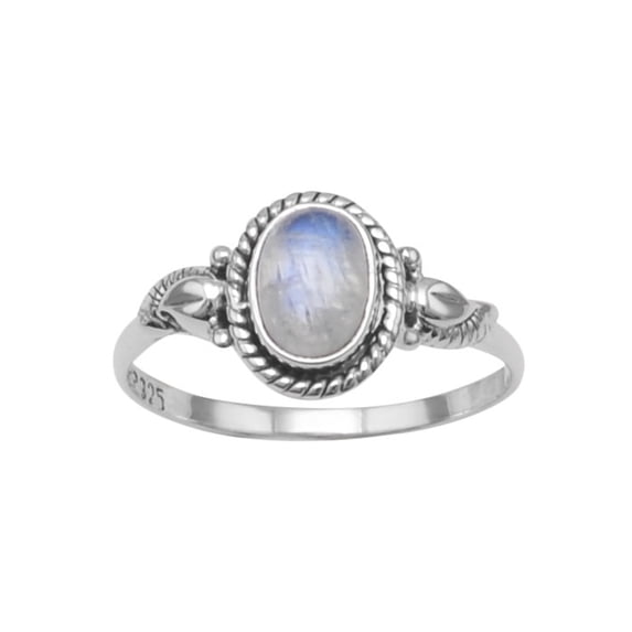 Rainbow Moonstone Ring with Rope and Leaf Design Sterling Silver