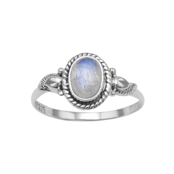 Rainbow Moonstone Ring with Rope and Leaf Design Sterling Silver