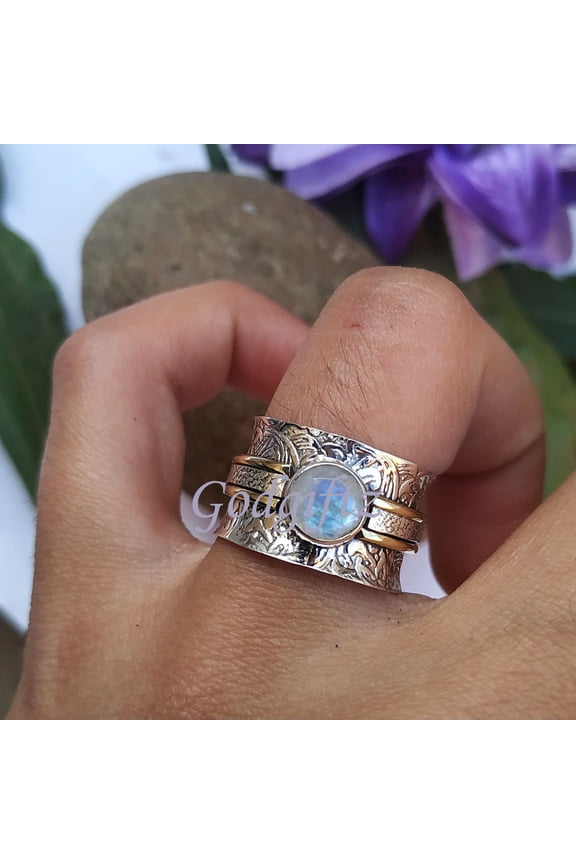 Rainbow Moonstone Spinner Ring: 925 Sterling Silver Worry Band, Handmade