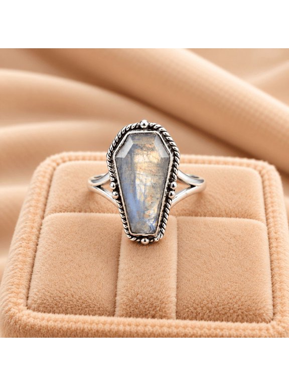 Rainbow Moonstone Style Coffin Ring, Faux Iridescent Decorative Stone, Vintage Statement Ring, Handmade Inspired Jewelry